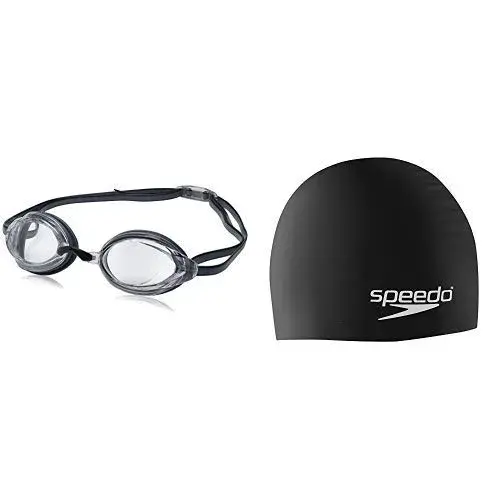 Speedo Unisex-Adult Swim Goggles Vanquisher 2.0 Clear W/ Speedo Black Cap | Precision Fit with Widest Panoramic Lens - main product image