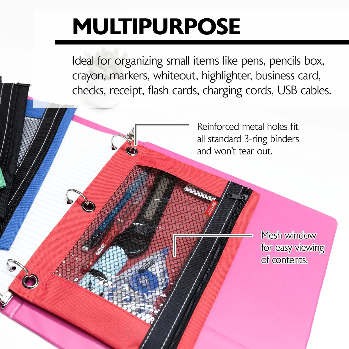 BAZIC PRODUCTS 3-Ring Pencil Pouch with Mesh Window | Durable Organizer for School & Office - view 3