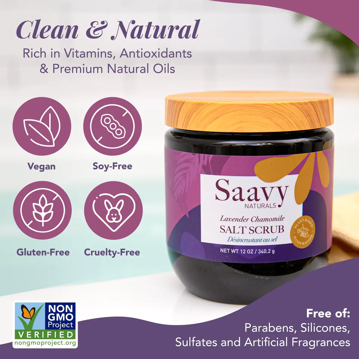 Saavy Naturals Body Scrub - Salt Lavender Extract, Vegan Exfoliant, 12 oz | Gentle for Sensitive Skin, Made in USA - view 2