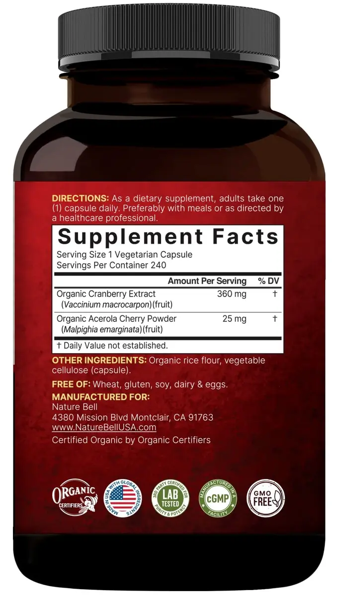 NatureBell Cranberry Concentrate with Acerola, 240 Vegetarian Capsules | Organic, Non-GMO, cGMP - view 7