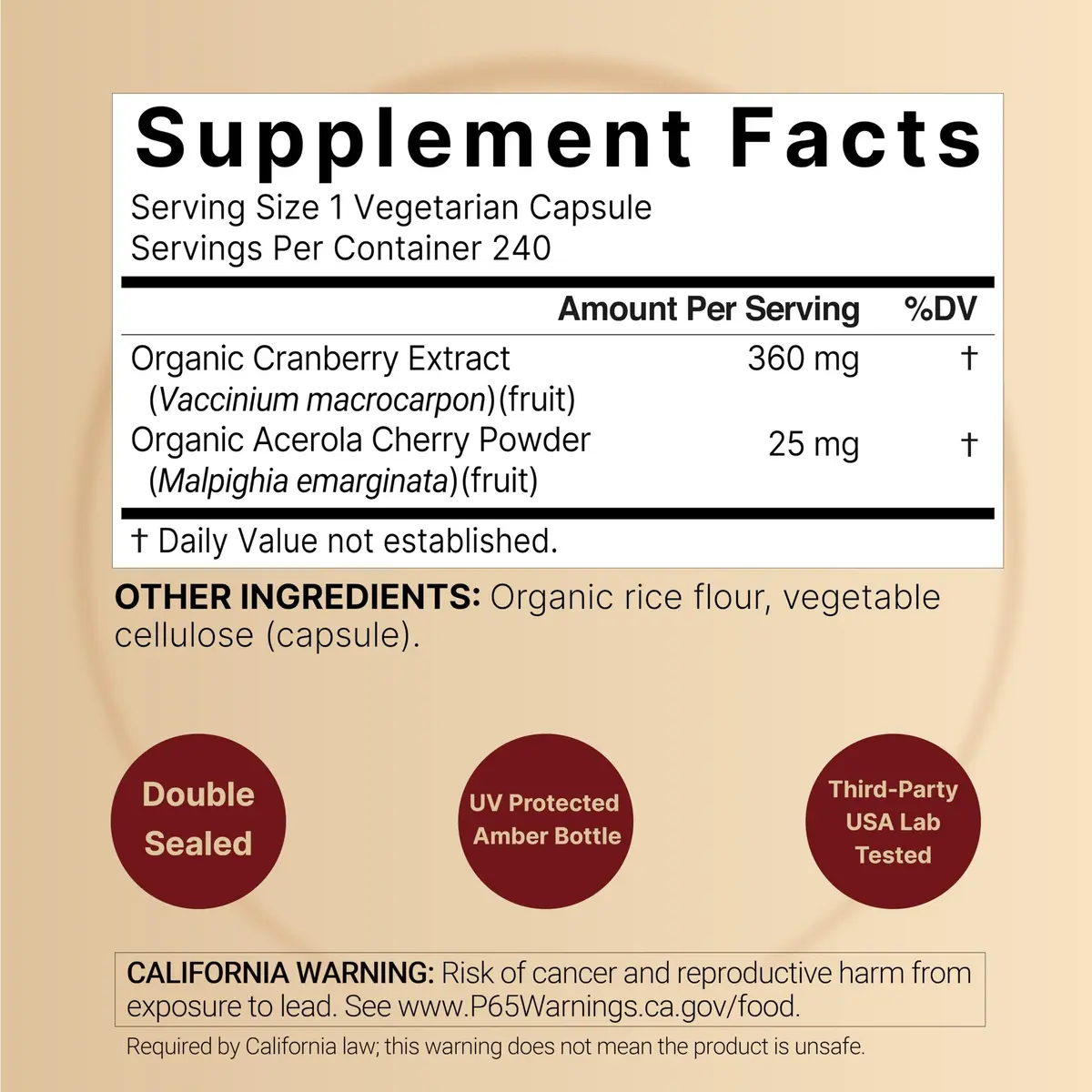 NatureBell Cranberry Concentrate with Acerola, 240 Vegetarian Capsules | Organic, Non-GMO, cGMP - view 2