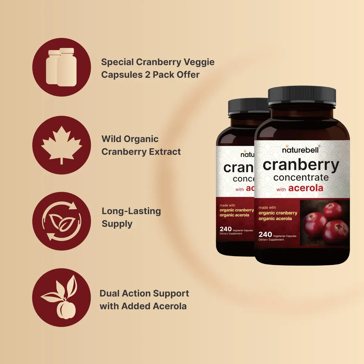 NatureBell Cranberry Concentrate with Acerola, 240 Vegetarian Capsules | Organic, Non-GMO, cGMP - view 3