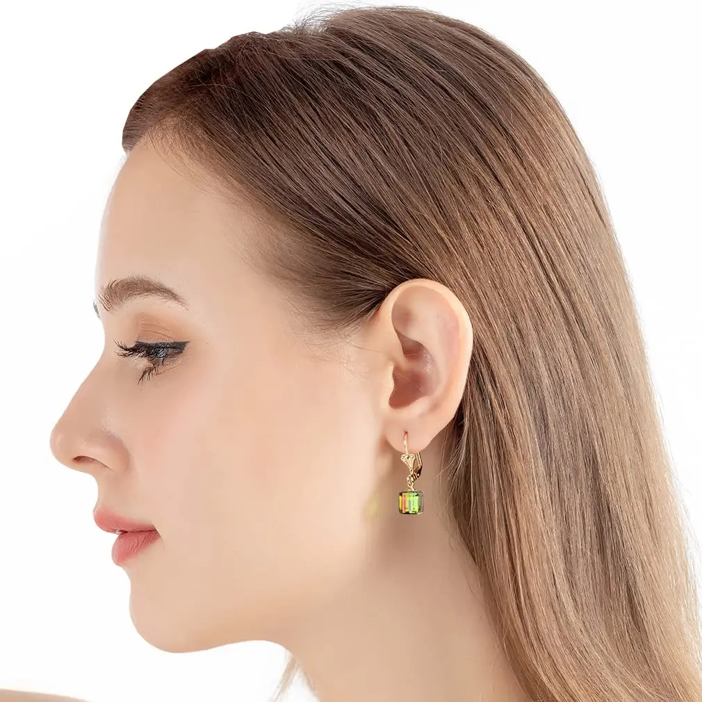 EVEVIC Austrian Crystal Cube Drop Earrings for Women | Geometric Sparkle & Gold Finish - view 2