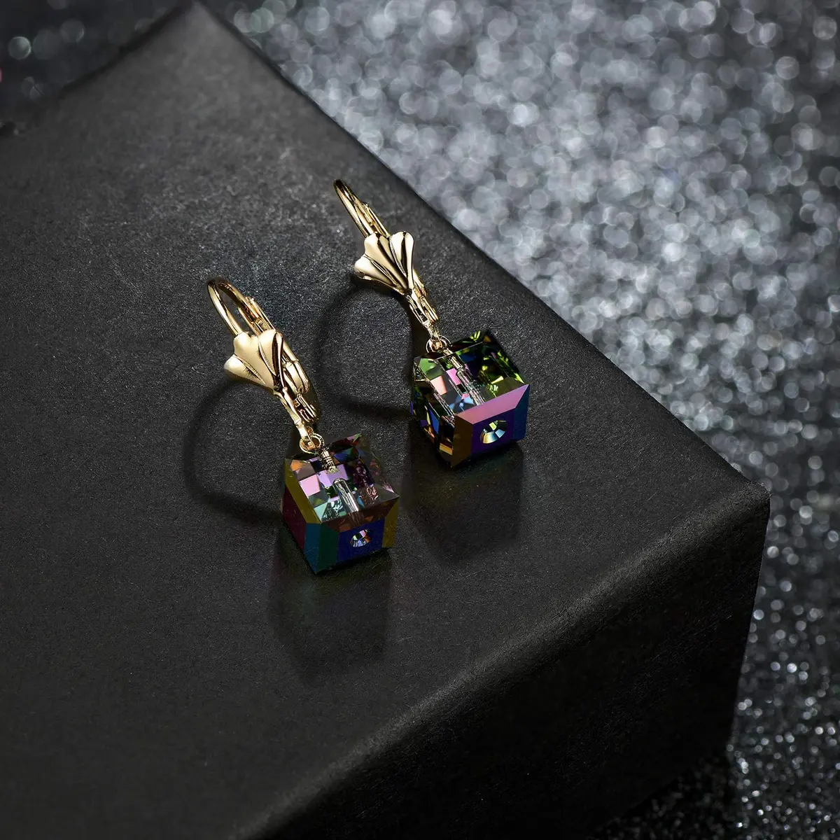 EVEVIC Austrian Crystal Cube Drop Earrings for Women | Geometric Sparkle & Gold Finish - view 3