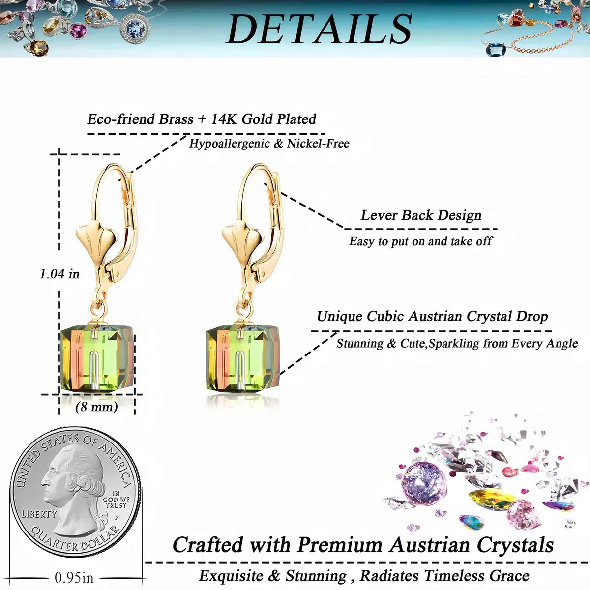 EVEVIC Austrian Crystal Cube Drop Earrings for Women | Geometric Sparkle & Gold Finish - view 4