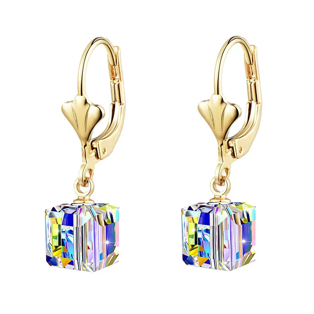 EVEVIC Austrian Crystal Cube Drop Leverback Earrings for Women | 2.5 cm (1") Drop - main product image