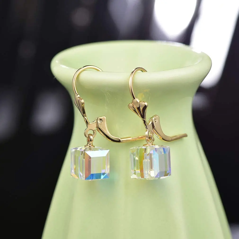 EVEVIC Austrian Crystal Cube Drop Leverback Earrings for Women | 2.5 cm (1") Drop - view 5