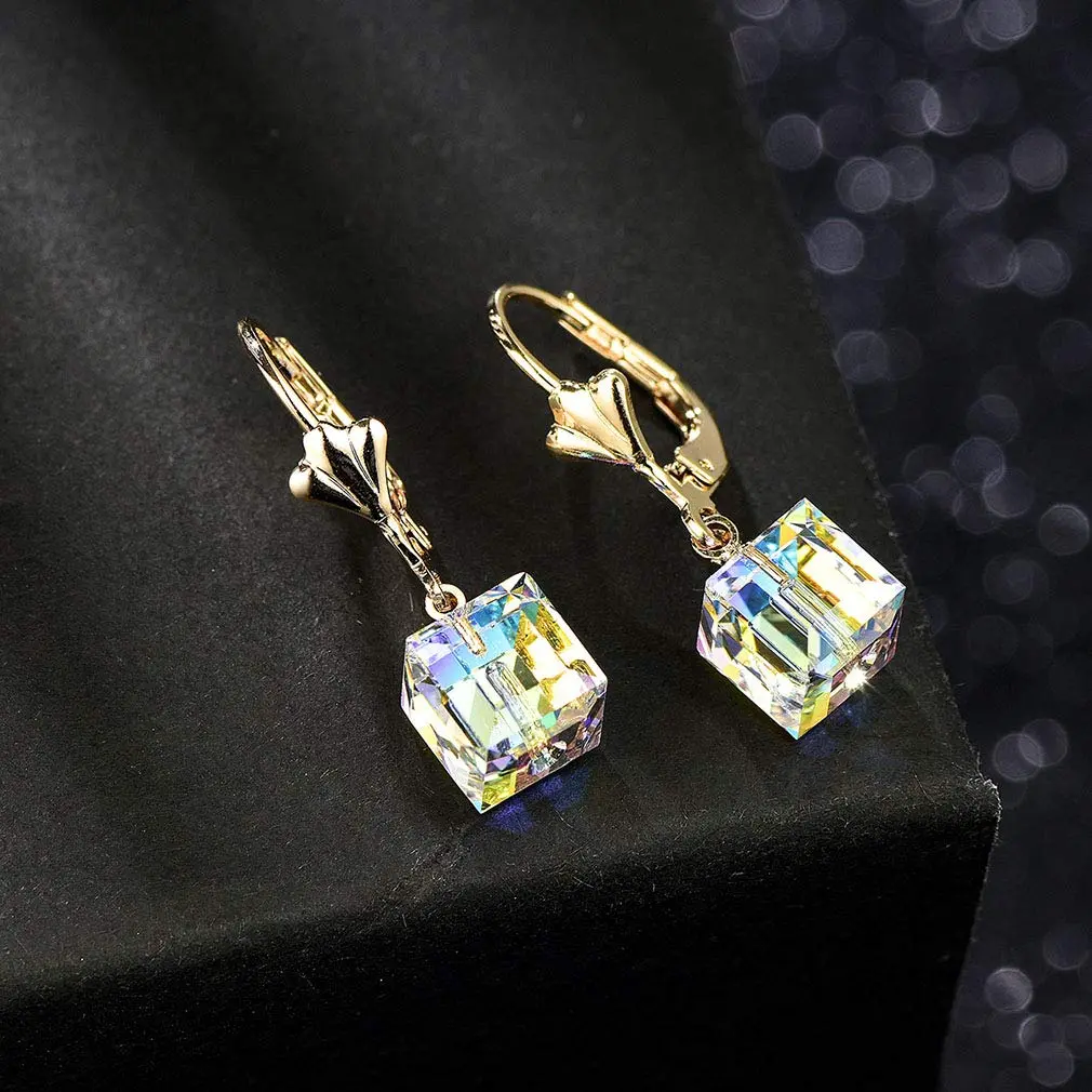 EVEVIC Austrian Crystal Cube Drop Leverback Earrings for Women | 2.5 cm (1") Drop - view 8