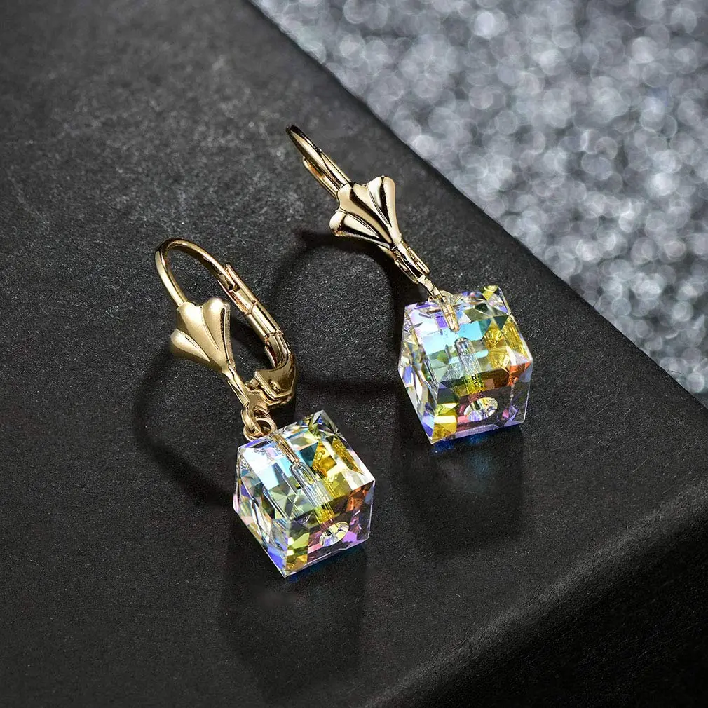 EVEVIC Austrian Crystal Cube Drop Leverback Earrings for Women | 2.5 cm (1") Drop - view 3