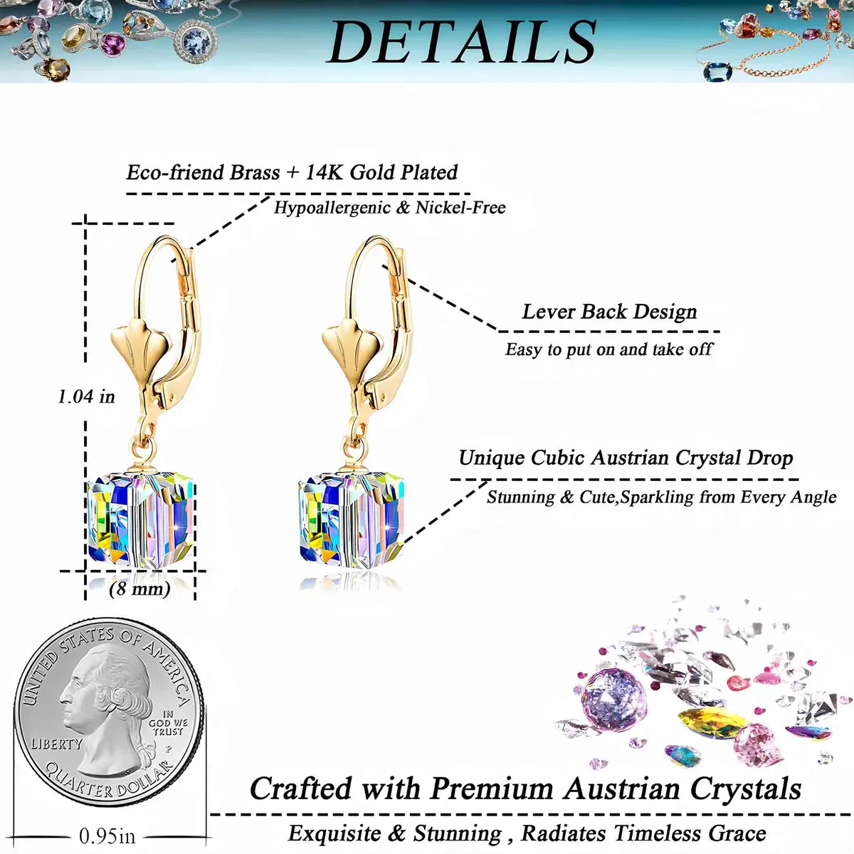 EVEVIC Austrian Crystal Cube Drop Leverback Earrings for Women | 2.5 cm (1") Drop - view 4