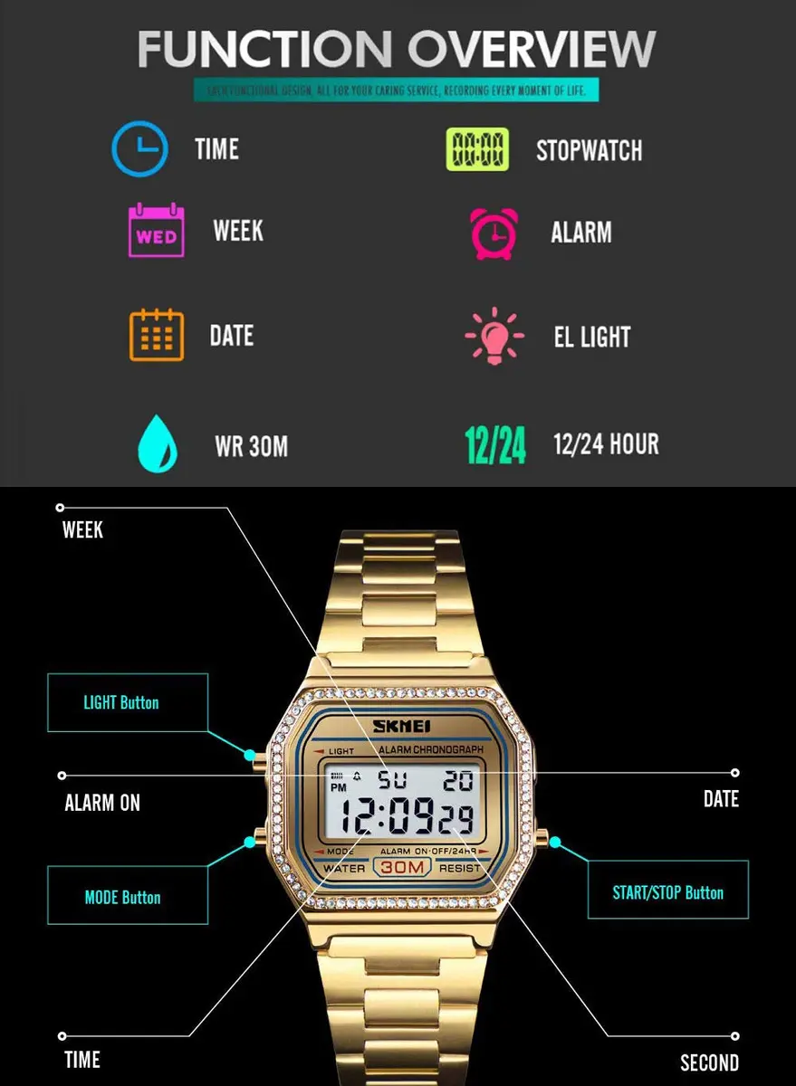 Gosasa Digital Unisex Sports Watch 33mm Rose Gold Waterproof Backlit - view 6