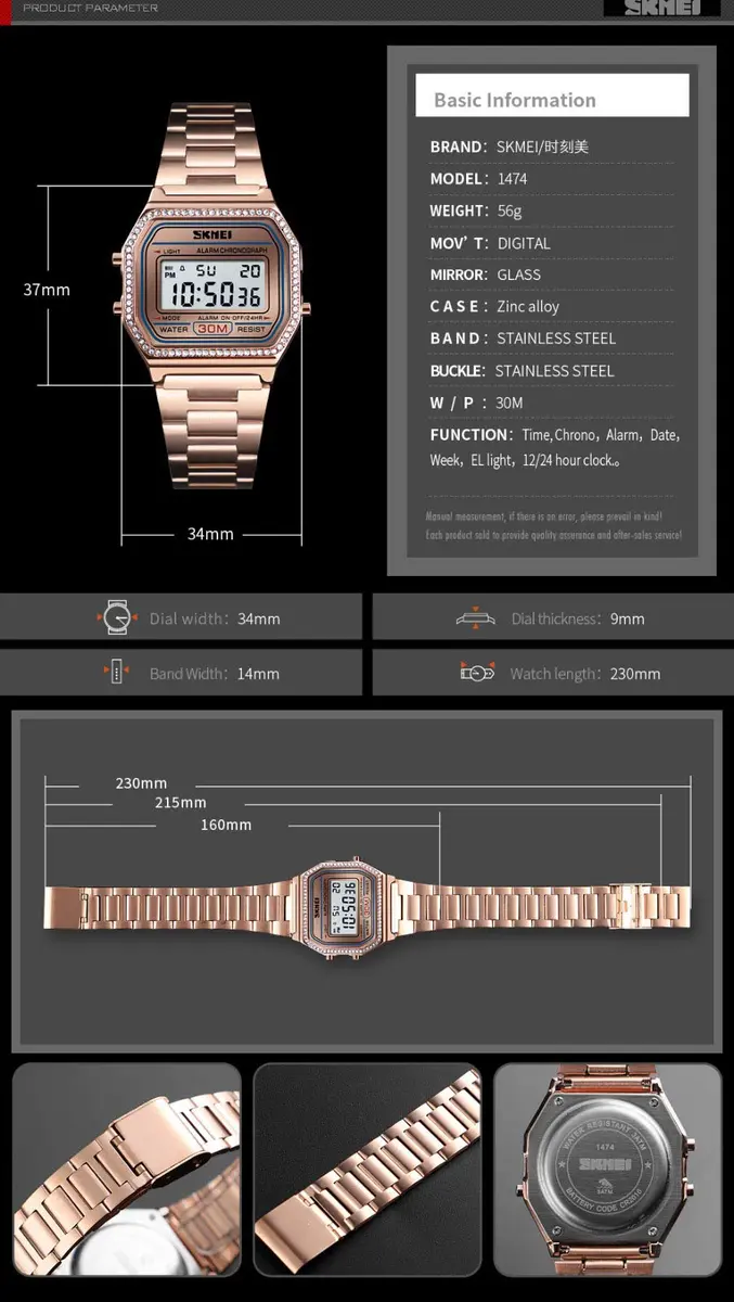 Gosasa Digital Unisex Sports Watch 33mm Rose Gold Waterproof Backlit - view 7