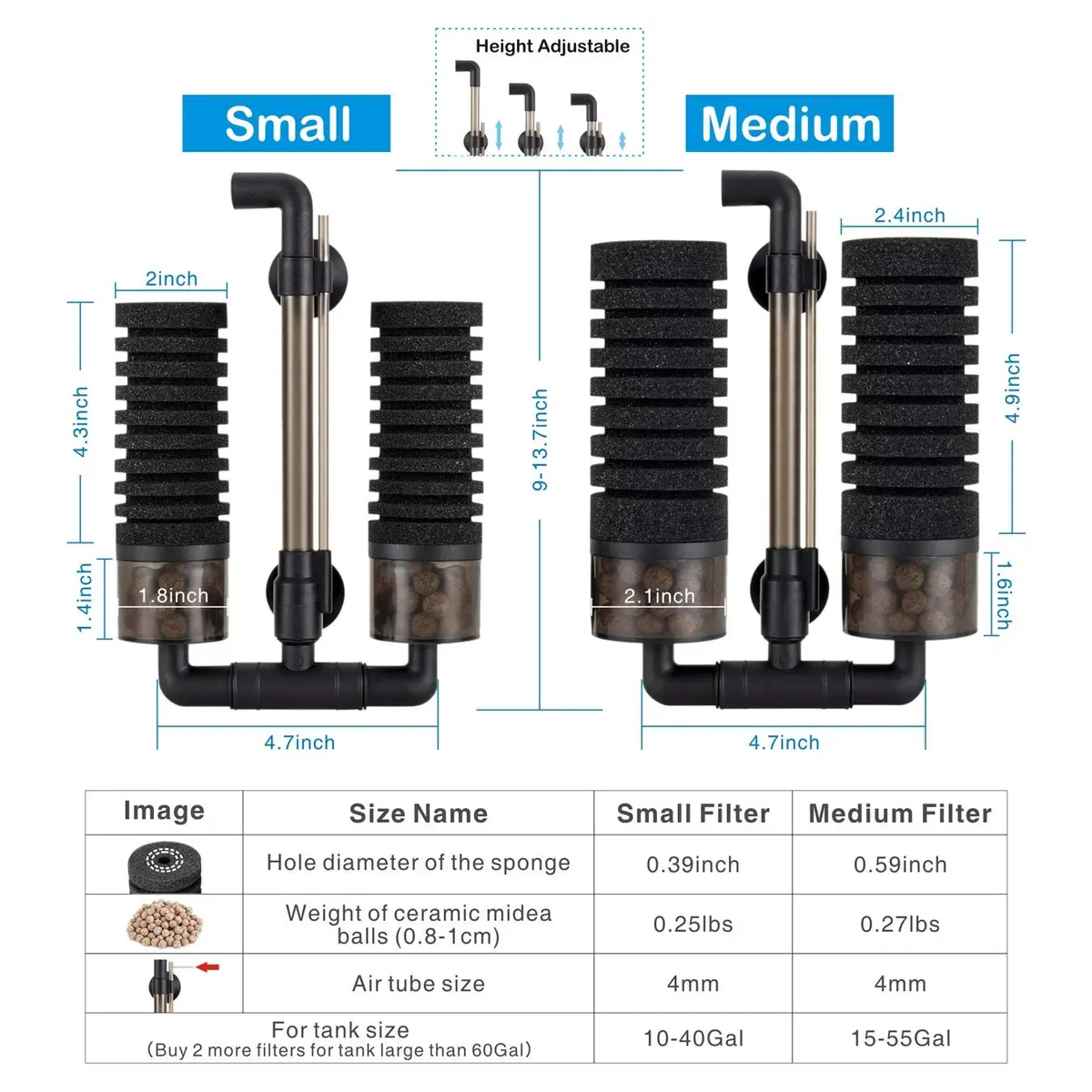 Hygger Aquarium Double Sponge Filter 6" x 9-13" | Bio & Physical Filtration for Fish Tanks - view 6