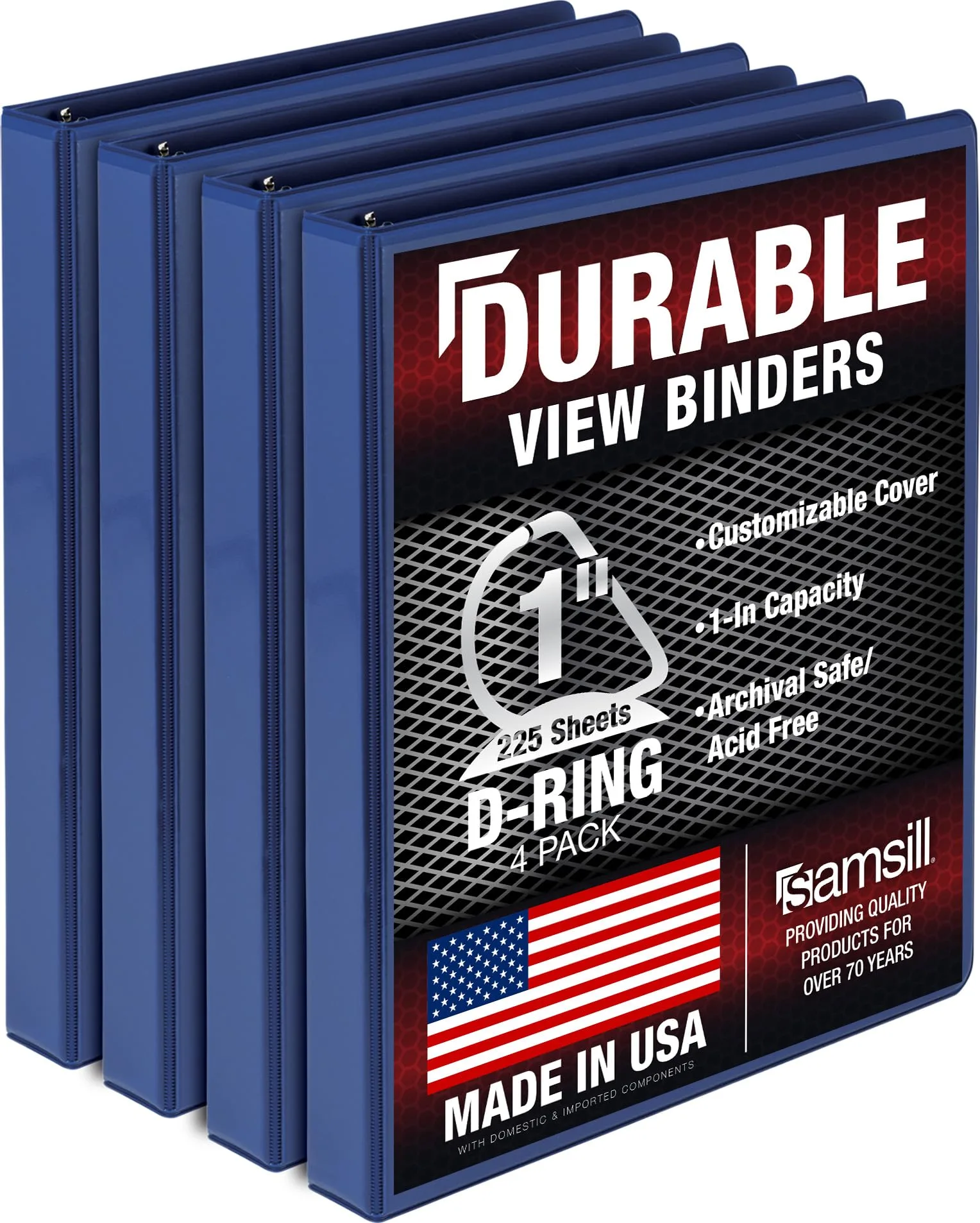 Samsill Durable 1 inch 3 Ring Binder, D Ring Binder, 100% Recycled Chipboard, Blue, 4 Pack | Value Pack for Office & School - main product image