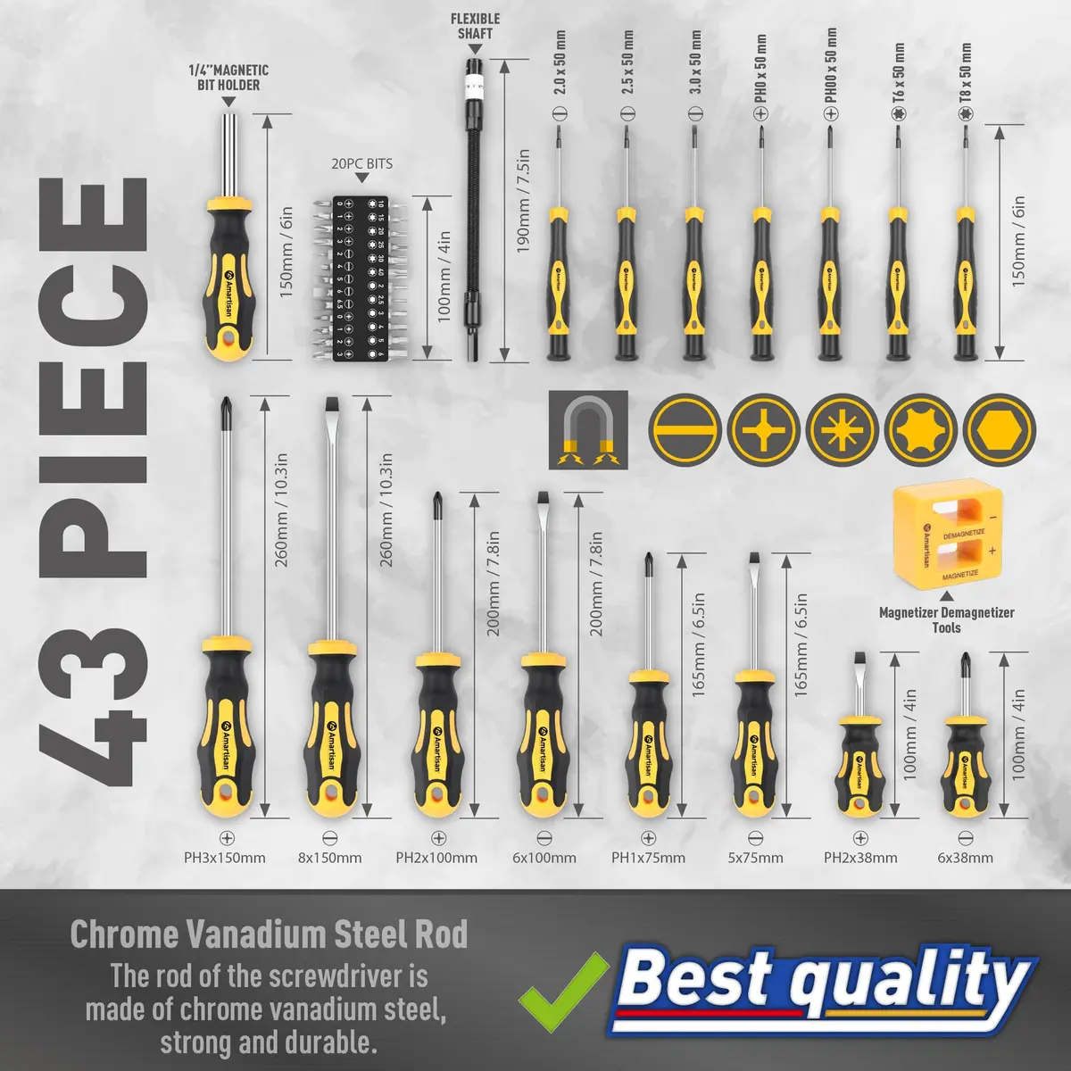 Amartisan Magnetic Screwdriver Set with Case, 43-Piece Set | Precision, Phillips, Slotted, Hex, Pozidriv, Torx, Magnetizer - view 4