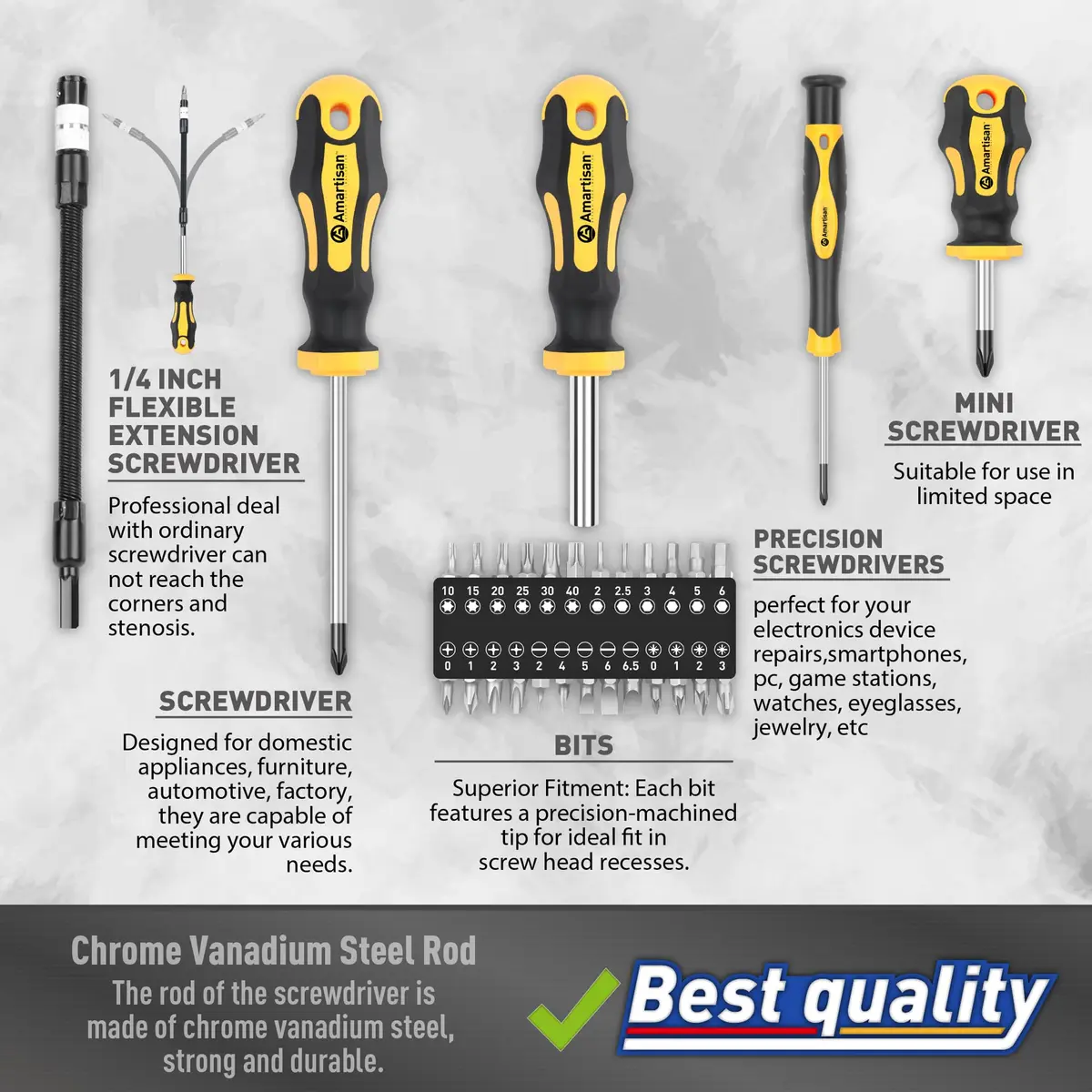 Amartisan Magnetic Screwdriver Set with Case, 43-Piece Set | Precision, Phillips, Slotted, Hex, Pozidriv, Torx, Magnetizer - view 3