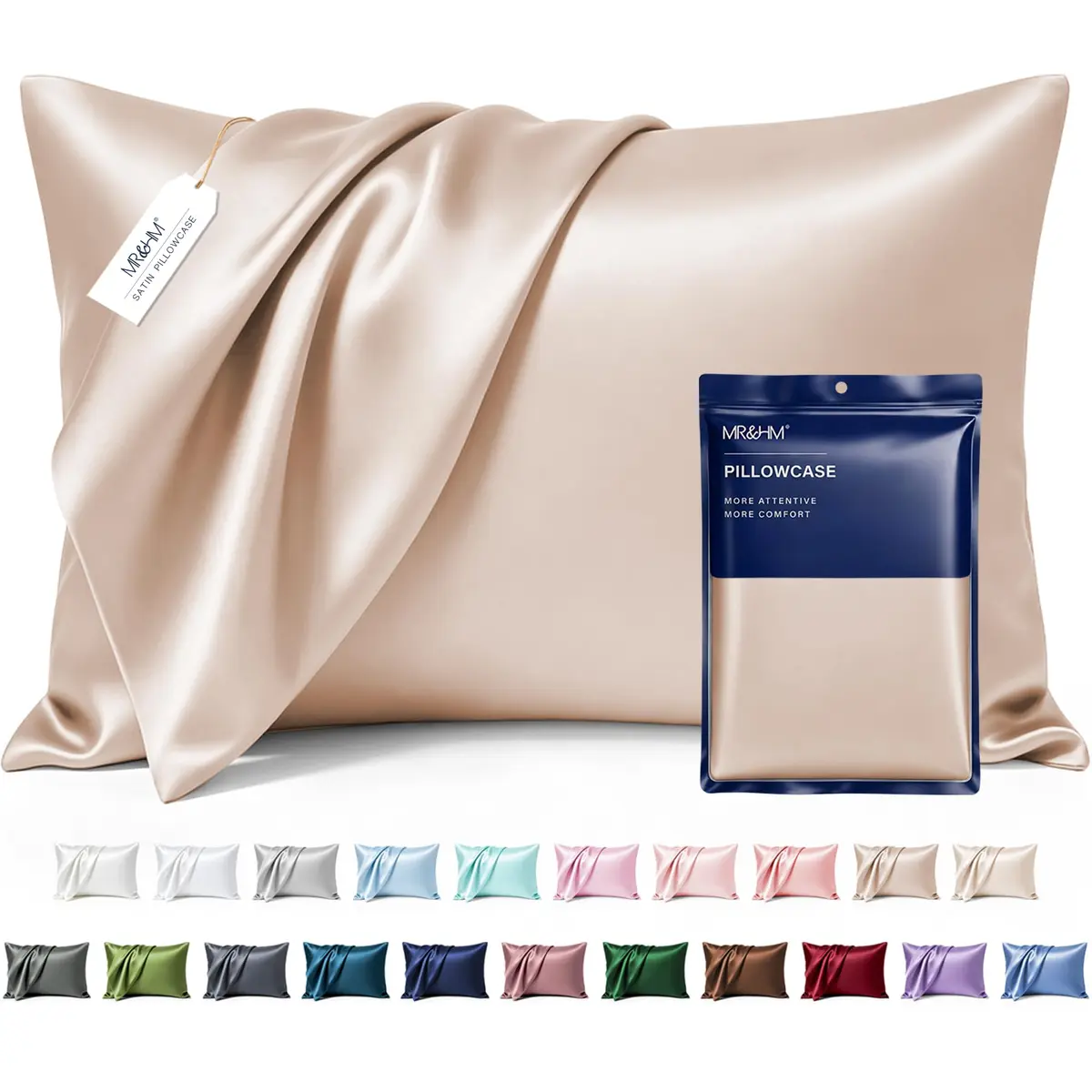 MR&HM Satin Pillowcase 2 Pack, Queen Size 76.2cm (30") x 50.8cm (20") Champagne | Smooth Cooling Satin Pillowcase with Envelope Closure - main product image