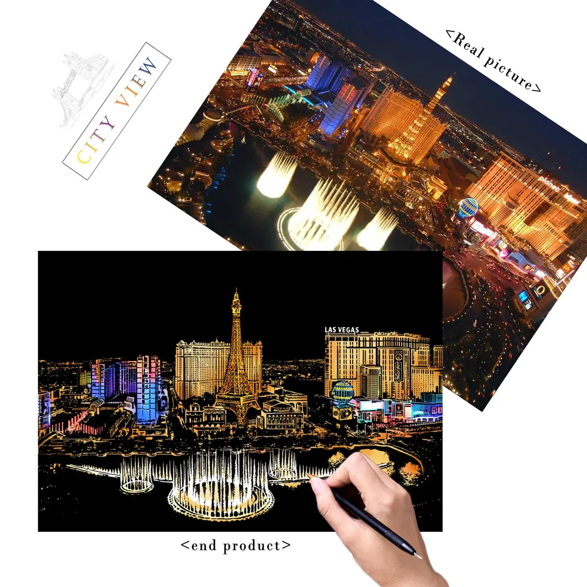 BOTEEN Scratch Rainbow Painting Art Paper Kit with 4 Tools, 40.5cm x 28.5cm (16''x11'') | City Night View & Blank Boards - view 4