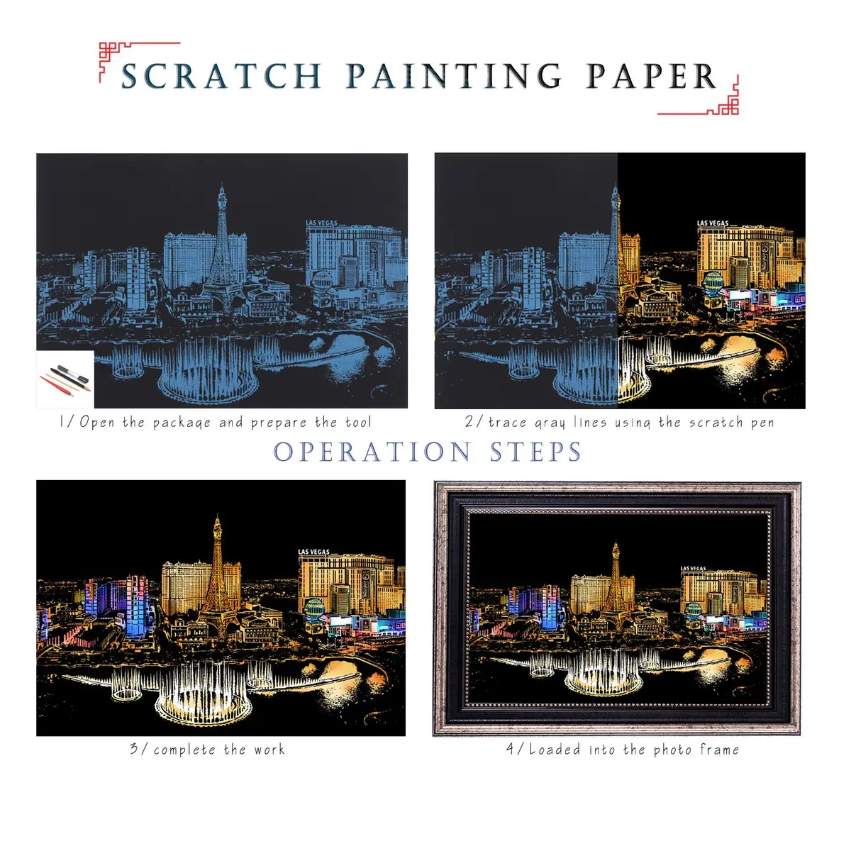 BOTEEN Scratch Rainbow Painting Art Paper Kit with 4 Tools, 40.5cm x 28.5cm (16''x11'') | City Night View & Blank Boards - view 3
