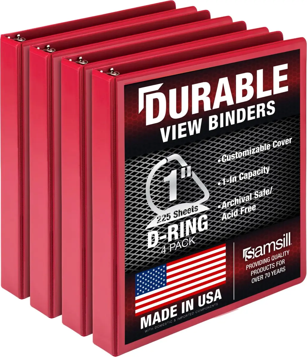 Samsill Red 1 Inch D-Ring Binder (4 Pack) | Holds 225 Pages, Clear View Cover, Recycled Chipboard - main product image