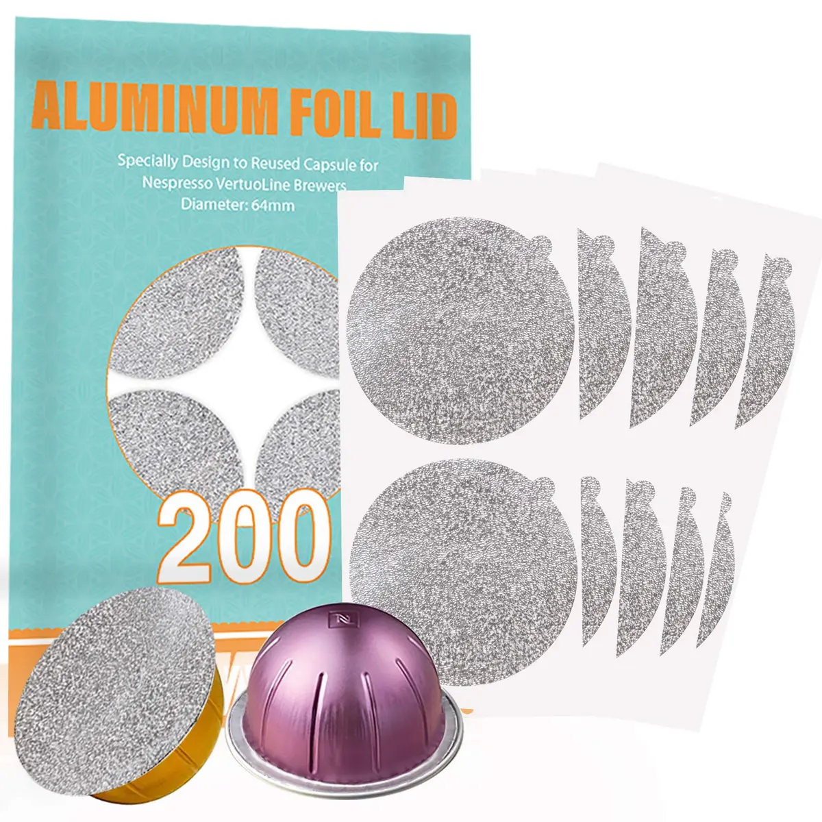CAPMESSO Aluminum Foil Lids for Nespresso Vertuo Pods, 200 Count | Reusable Coffee Filter for Rich Brews - main product image