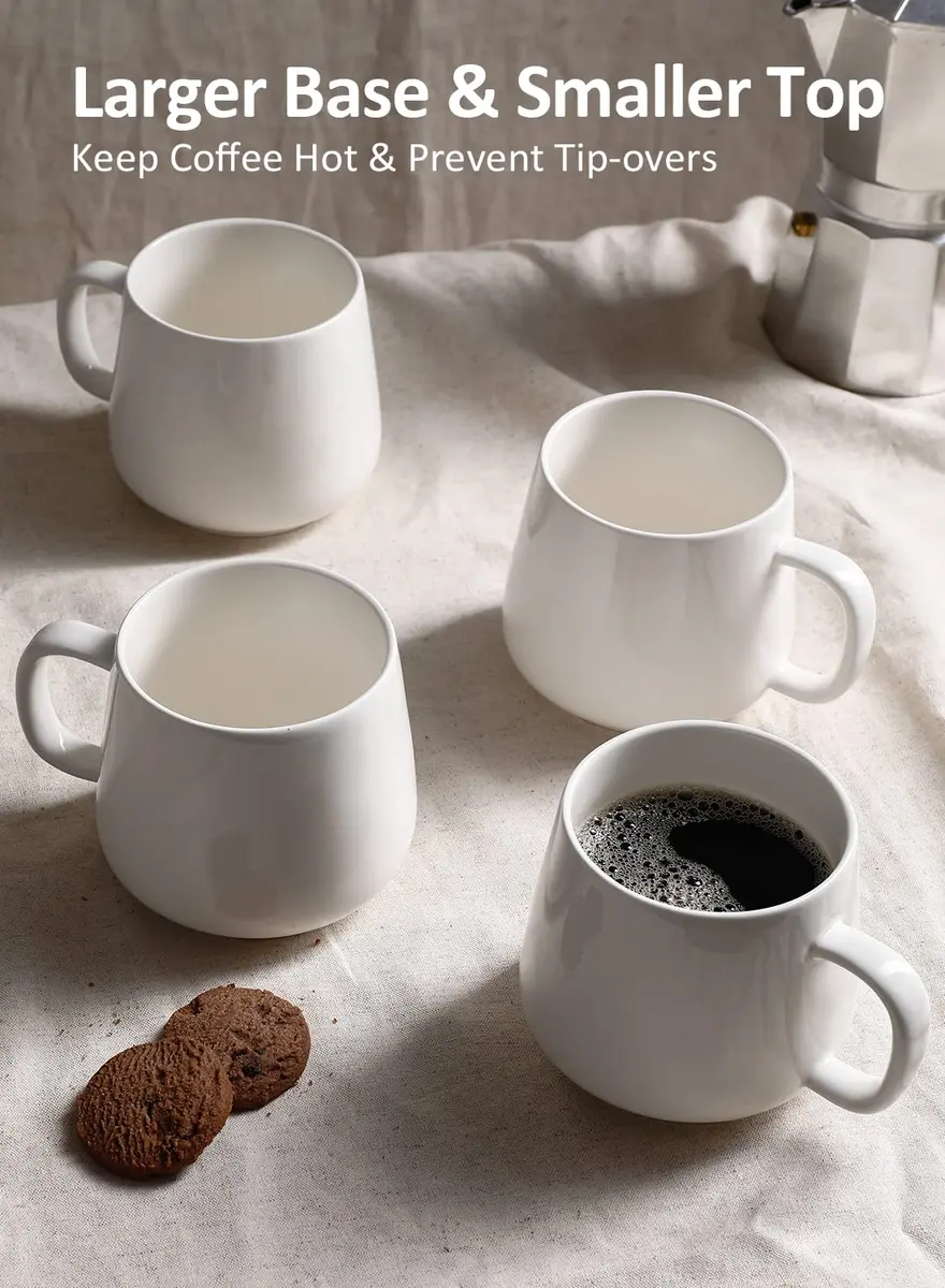 Teocera White Porcelain Coffee Mugs Set of 4 - 12oz (355ml) | Chip-Resistant Ceramic Cups with Ergonomic Handle - view 6