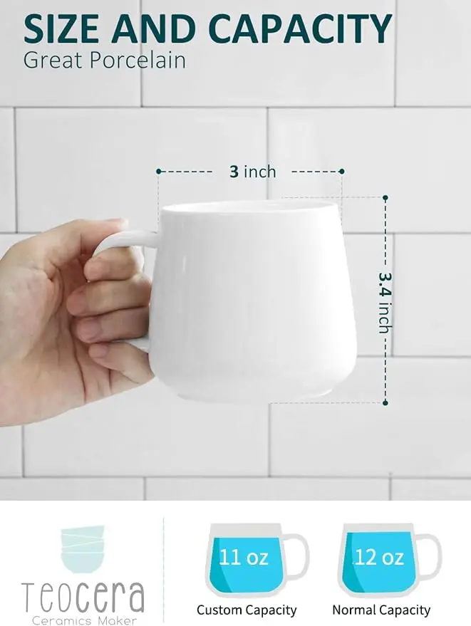 Teocera White Porcelain Coffee Mugs Set of 4 - 12oz (355ml) | Chip-Resistant Ceramic Cups with Ergonomic Handle - view 2