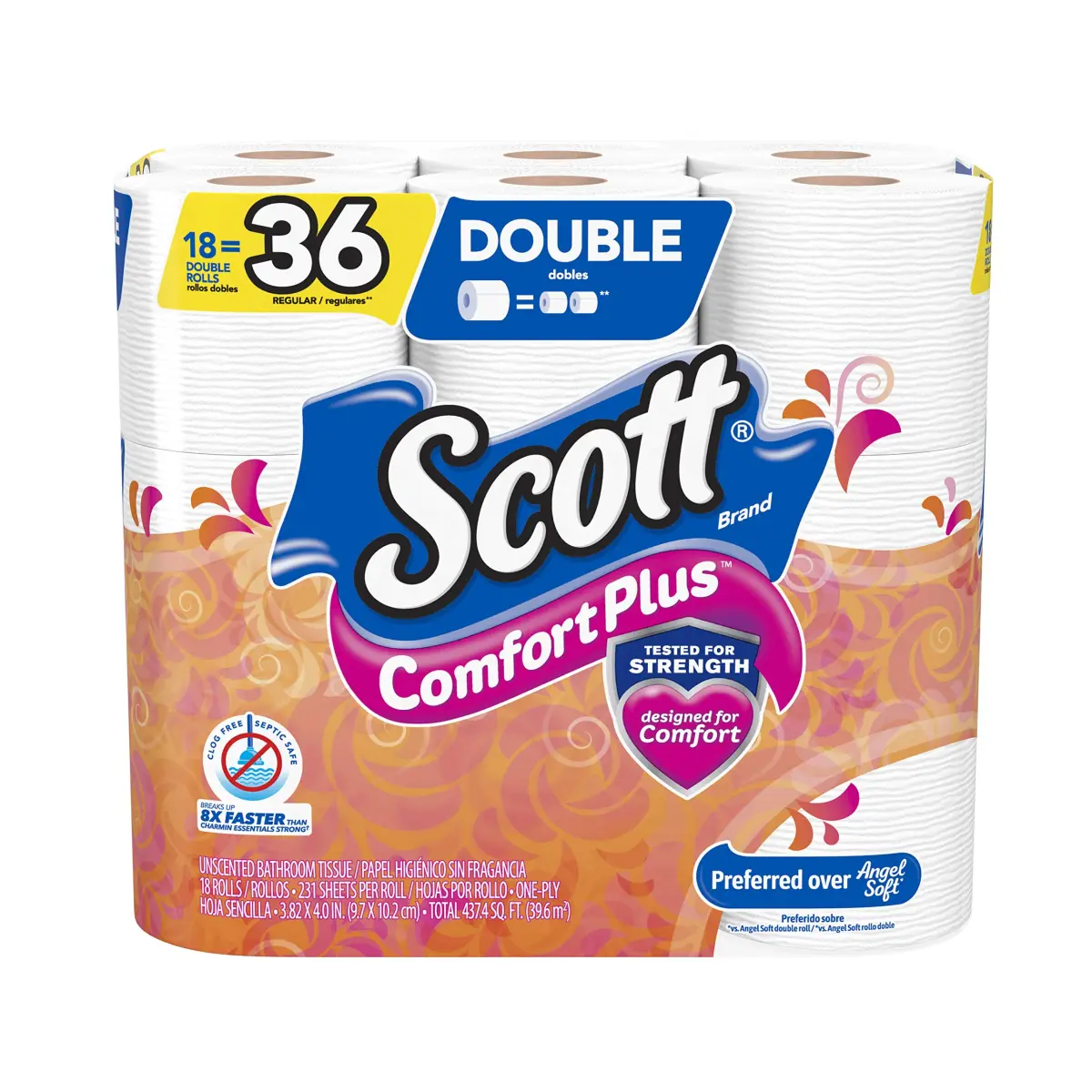 Scott ComfortPlus Toilet Paper Double Roll 1-Ply | 231 Sheets Per Roll (Pack of 18) - main product image