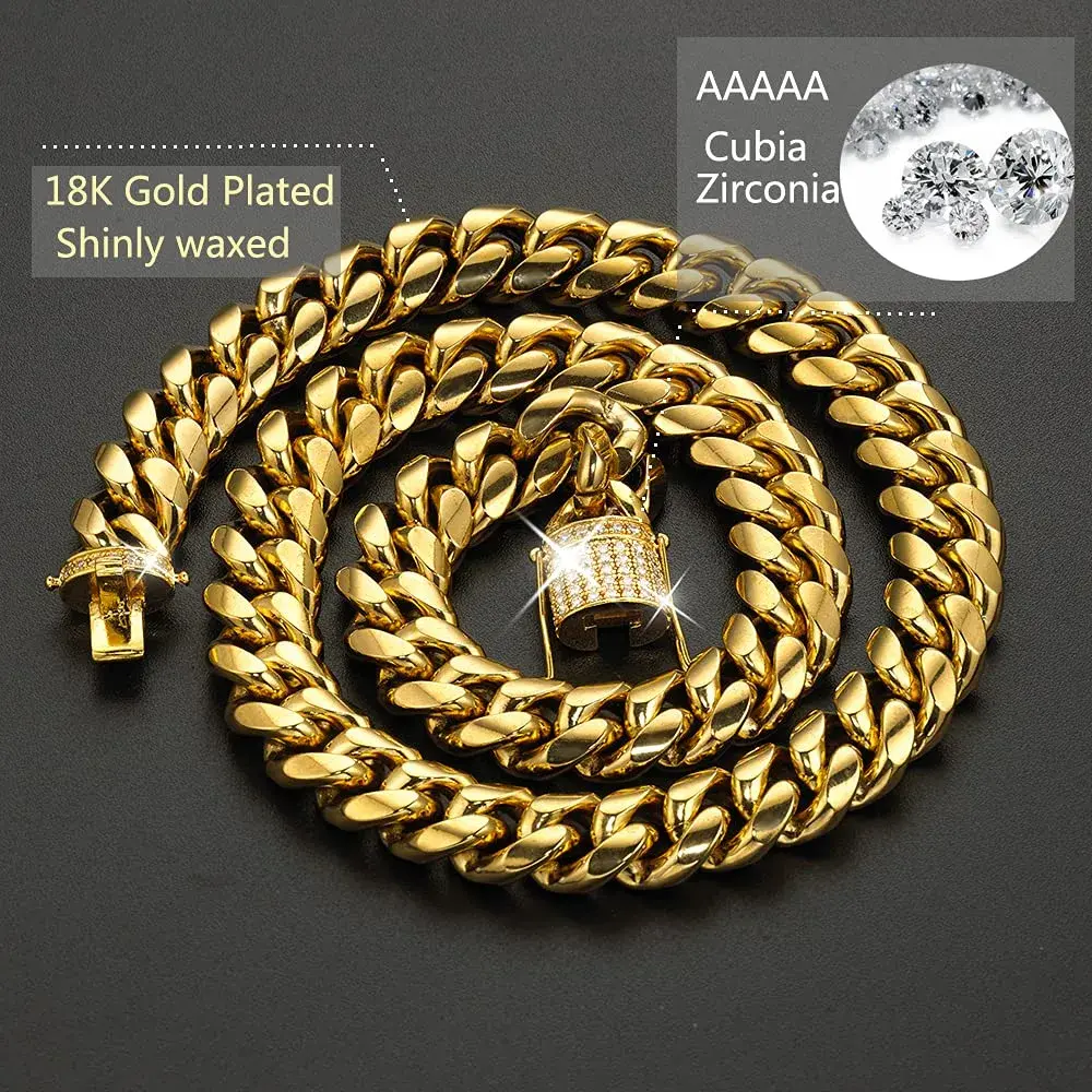 Jxlepe 22 Inch 15mm 18K Gold Miami Cuban Link Chain Necklace with CZ Diamonds - view 4