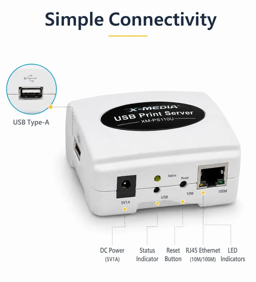 X-MEDIA XM-PS110U 1-Port 10/100Mbps Ethernet USB Print Server | USB 2.0 Network Print Server - view 3