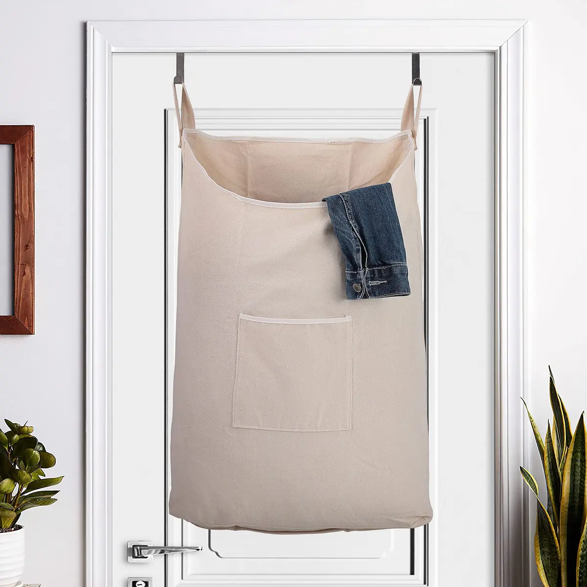 GORISEN Hanging Laundry Hamper with Front Pocket, Beige, 65 Liters (52cm x 81cm x 10cm) | Space-Saving Door Mount - view 4