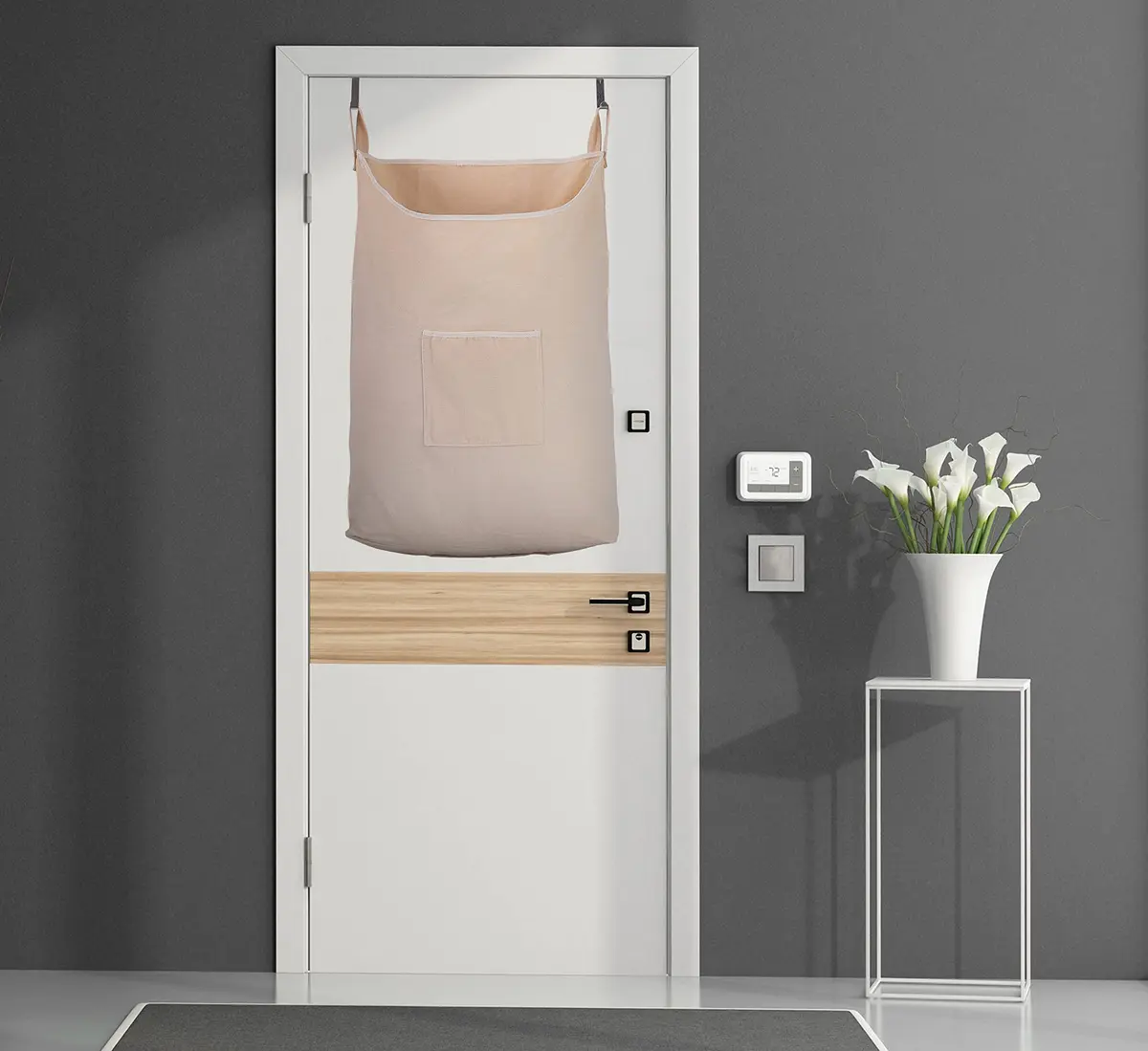 GORISEN Hanging Laundry Hamper with Front Pocket, Beige, 65 Liters (52cm x 81cm x 10cm) | Space-Saving Door Mount - view 3