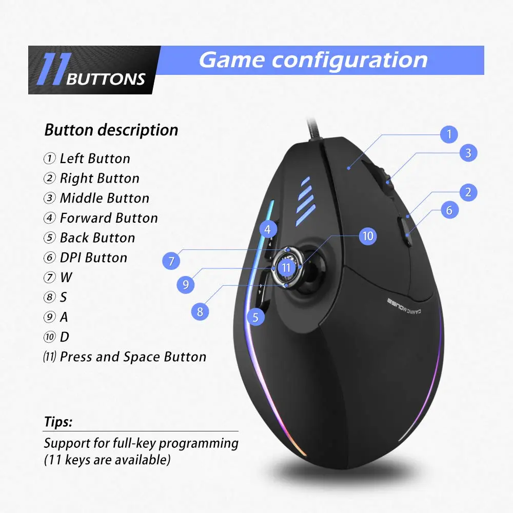 Attoe Vertical Mouse Ergonomic USB Wired 10000 DPI RGB Gaming Mouse for PC Laptop - view 6
