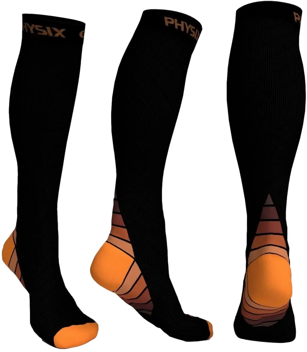 Physix Gear Compression Socks - Best Men & Womens Compression Socks for Circulation, Running, Nurses, Athletic Use Sock Compression, Blood Pressure Socks, Calcetines de Compresion, Black/Orange, XXL | Support & Durability - main product image