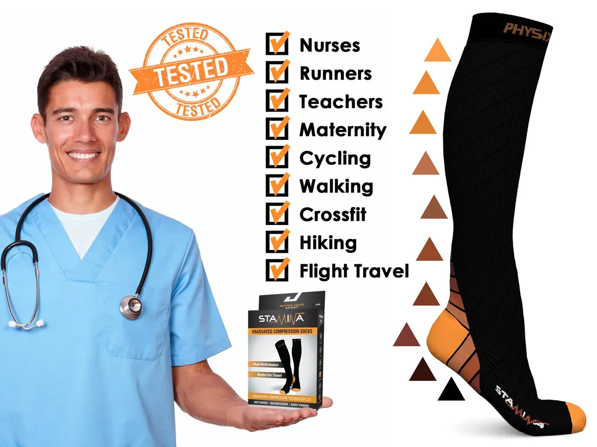 Physix Gear Compression Socks - Best Men & Womens Compression Socks for Circulation, Running, Nurses, Athletic Use Sock Compression, Blood Pressure Socks, Calcetines de Compresion, Black/Orange, XXL | Support & Durability - view 5