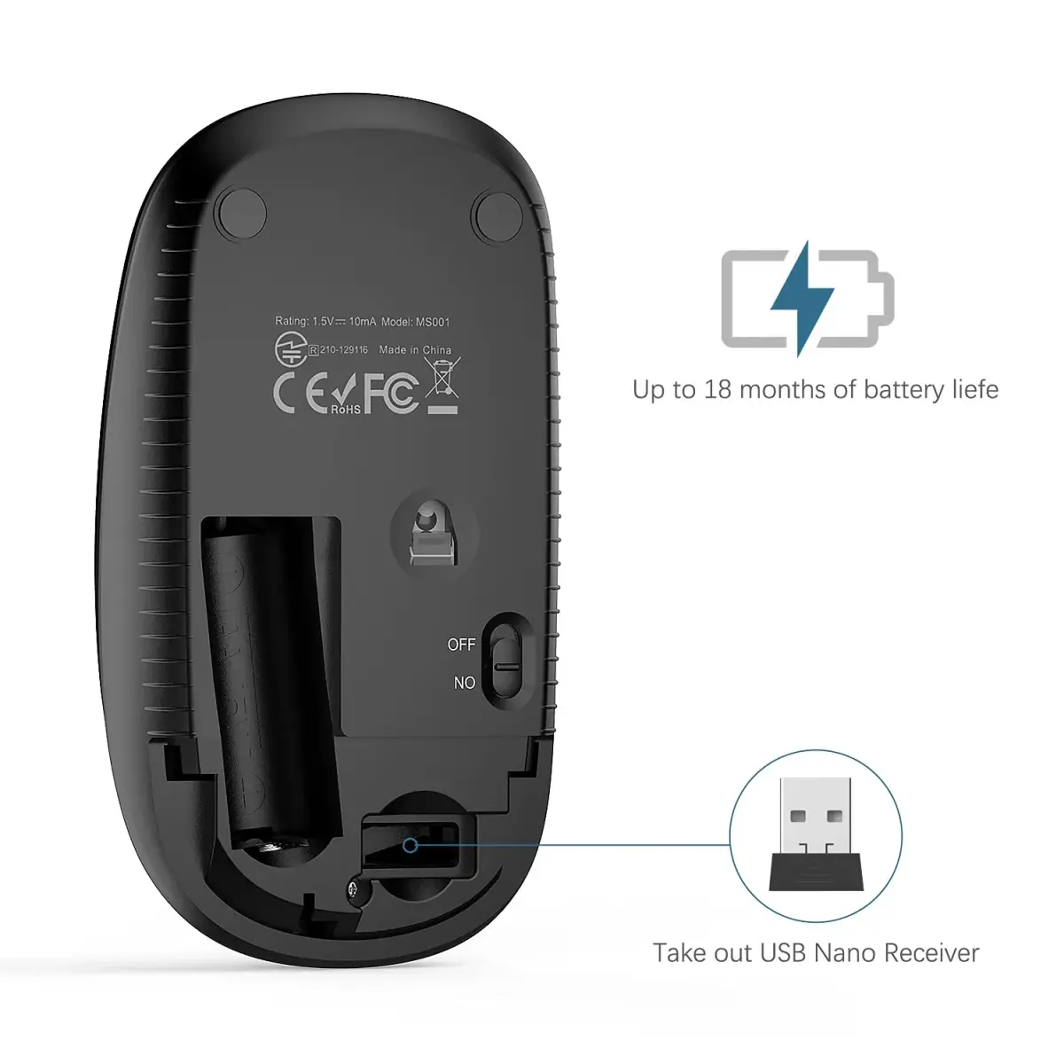 VssoPlor Wireless Mouse, 2.4G Computer Laptop Mouse, Black Sapphire Blue, 11.7 cm (4.7 inch) | Ambidextrous Optical Mouse with USB Receiver - view 5