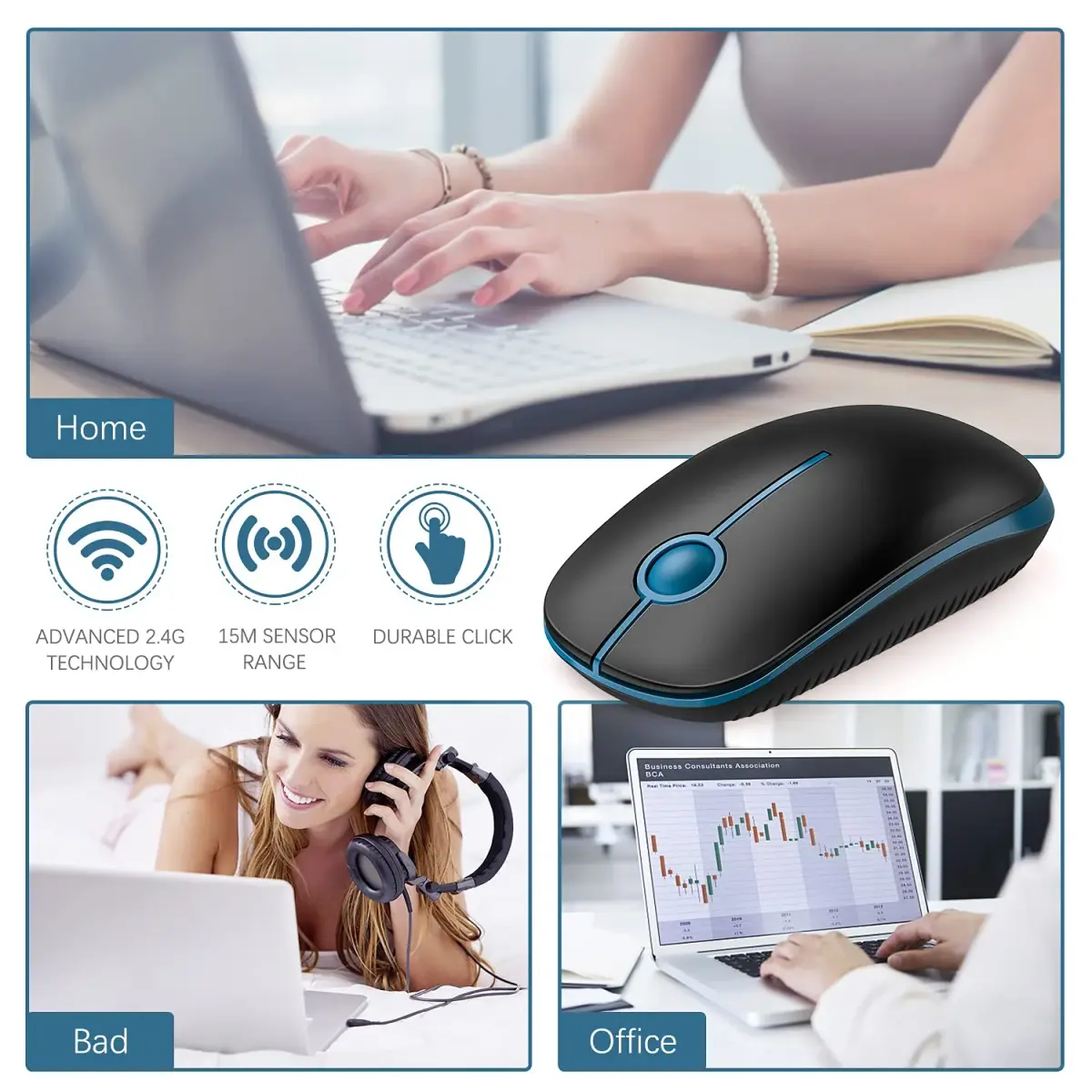VssoPlor Wireless Mouse, 2.4G Computer Laptop Mouse, Black Sapphire Blue, 11.7 cm (4.7 inch) | Ambidextrous Optical Mouse with USB Receiver - view 6