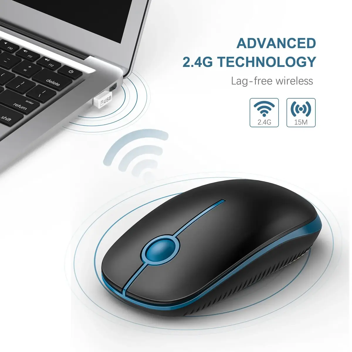 VssoPlor Wireless Mouse, 2.4G Computer Laptop Mouse, Black Sapphire Blue, 11.7 cm (4.7 inch) | Ambidextrous Optical Mouse with USB Receiver - view 4