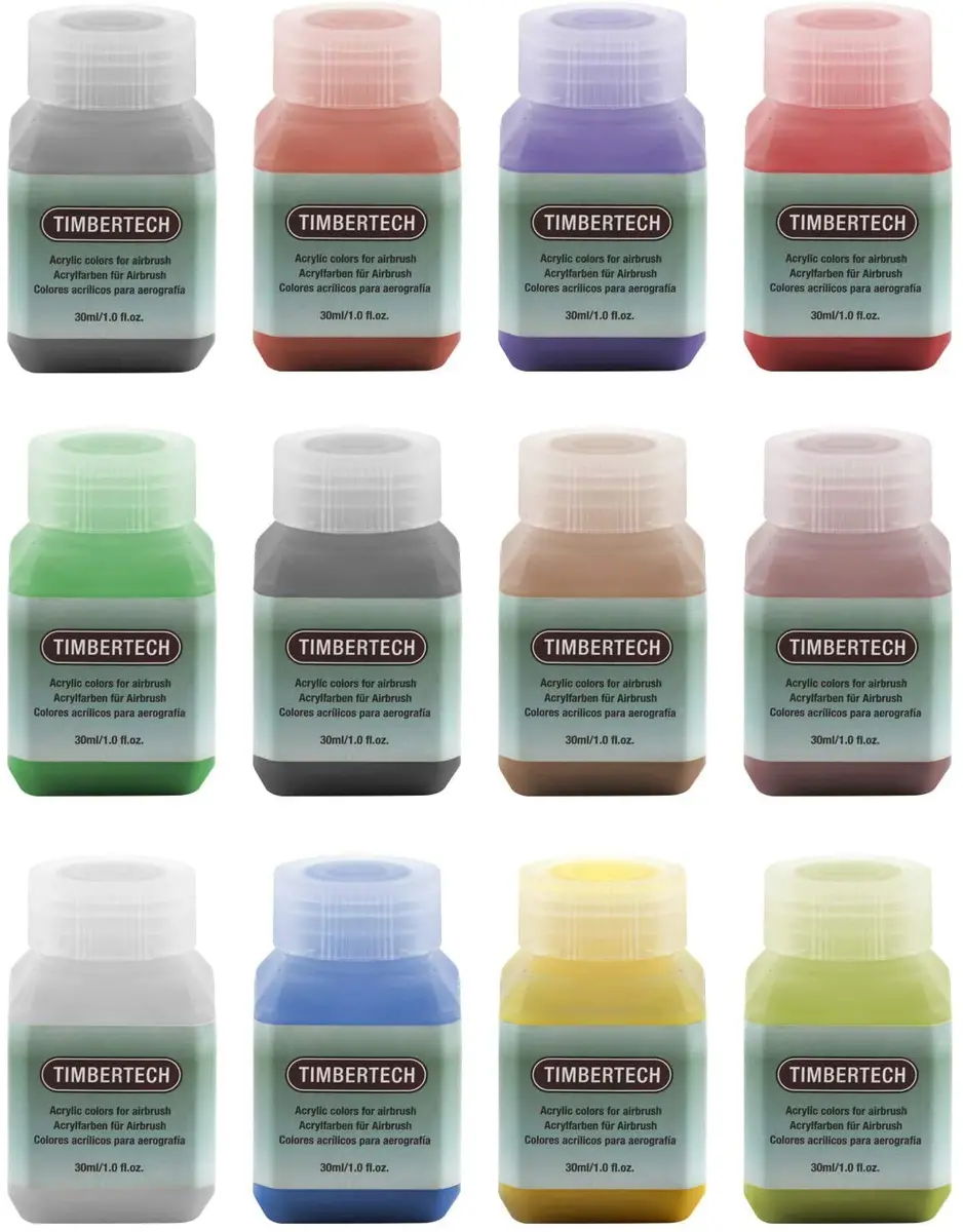 TIMBERTECH Professional Airbrush Paint 12x30ml | Vibrant Water-Based Acrylic Colors - main product image