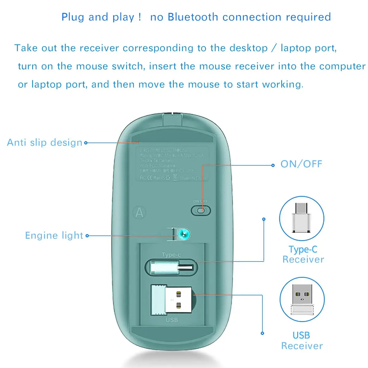 JETTA Wireless Mouse for MacBook & PC | 1600 DPI Optical Sensor, Rechargeable, 2.4GHz Wireless, Blue - view 4
