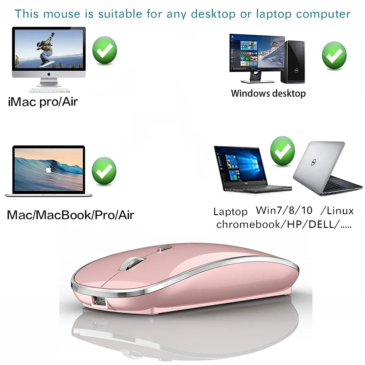 JETTA Wireless Mouse for MacBook Pro MacBook Air Laptop PC Chromebook 2.4 USB/USB C Mouse Rose Gold | Plug and Play - view 4