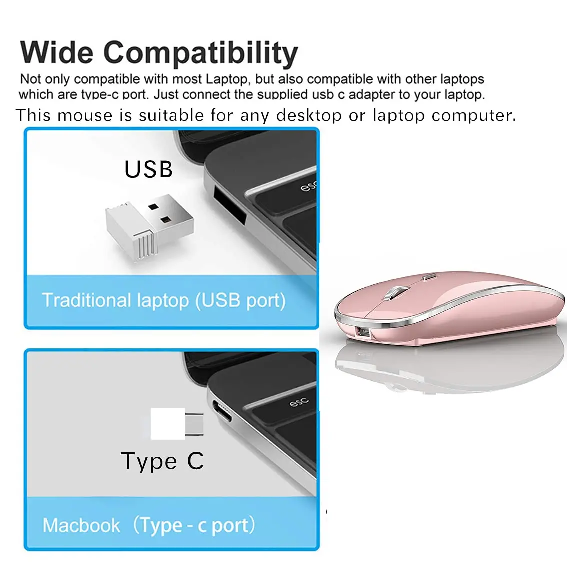 JETTA Wireless Mouse for MacBook Pro MacBook Air Laptop PC Chromebook 2.4 USB/USB C Mouse Rose Gold | Plug and Play - view 2