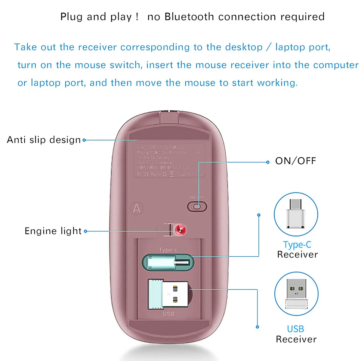 JETTA Wireless Mouse for MacBook Pro MacBook Air Laptop PC Chromebook 2.4 USB/USB C Mouse Rose Gold | Plug and Play - view 3