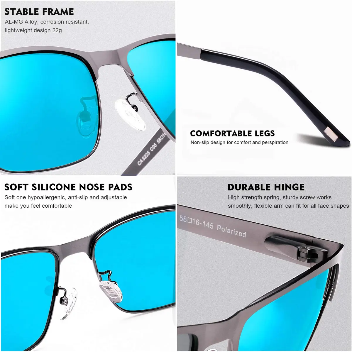 CARFIA Polarized Sunglasses for Men Spring Hinge Metal Frame CA5225 | Classic Square Design with UV400 Protection (70-120 chars) - view 5