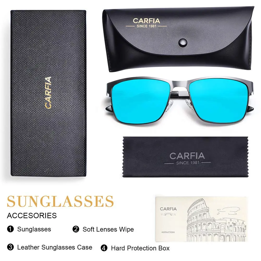 CARFIA Polarized Sunglasses for Men Spring Hinge Metal Frame CA5225 | Classic Square Design with UV400 Protection (70-120 chars) - view 7
