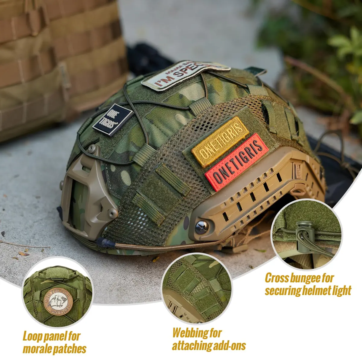 OneTigris Multicam Tactical Fast Helmet Cover for M/L PJ Helmets | Lightweight Cordura Nylon with MOLLE & Bungee System - view 3