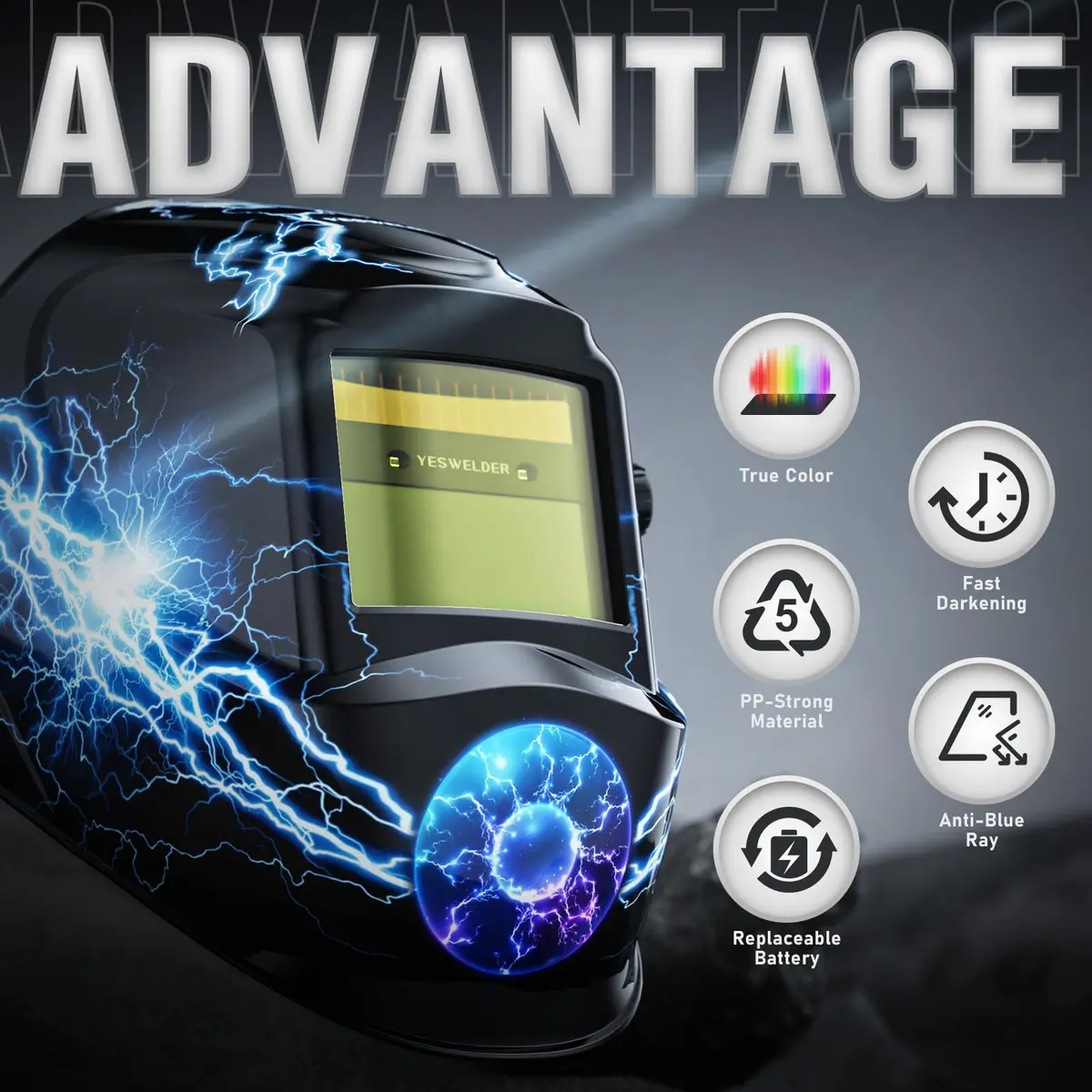 YESWELDER Auto Darkening Welding Helmet LYG-L600A True Color 1/1/1/1 Optical Clarity with Pivot Headgear - view 2