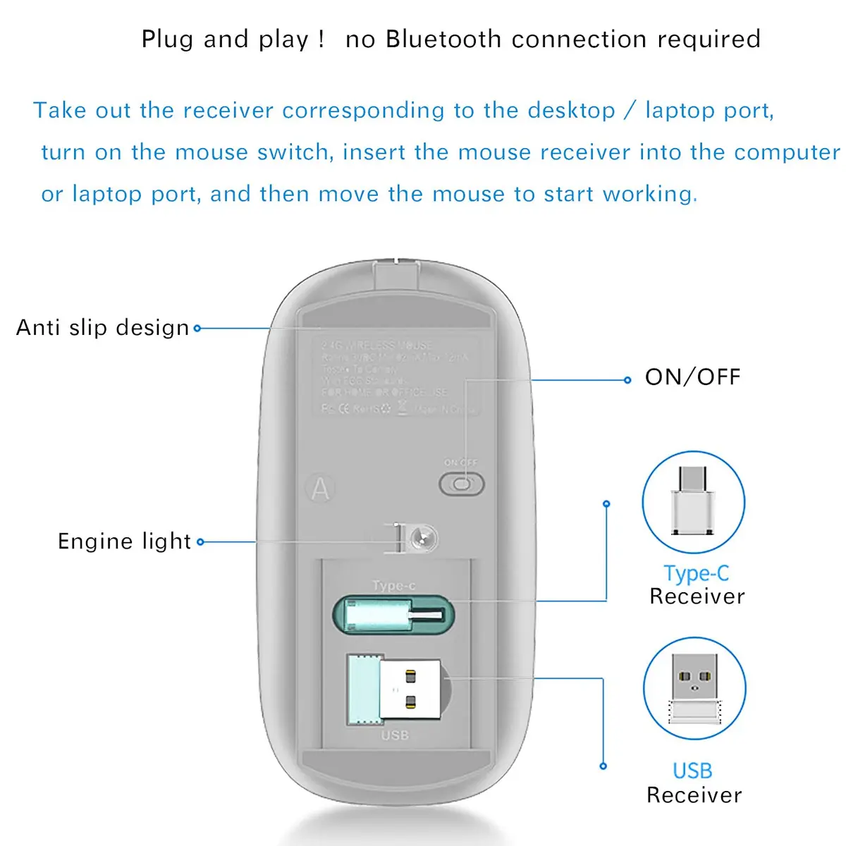 JETTA Wireless Mouse for MacBook Pro, MacBook Air, Laptop, Desktop, Chromebook, Win7/8/10/11, PC - Silver | Plug and Play Optical Mouse - view 3