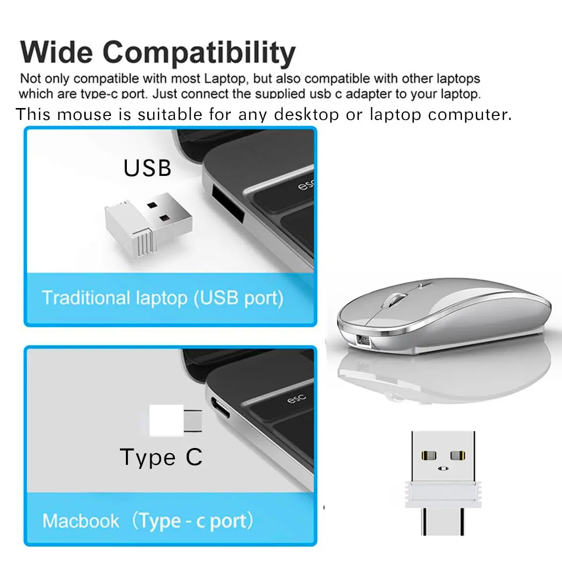 JETTA Wireless Mouse for MacBook Pro, MacBook Air, Laptop, Desktop, Chromebook, Win7/8/10/11, PC - Silver | Plug and Play Optical Mouse - view 4