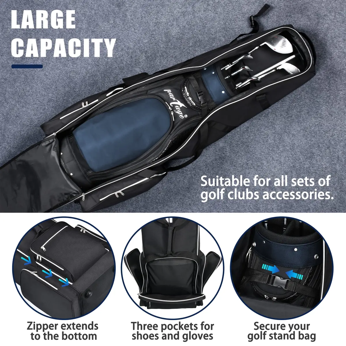 Partage Golf Travel Bag with Wheels | Heavy Duty Oxford, 600D Waterproof Fabric, Black | 51" Open Size - view 4
